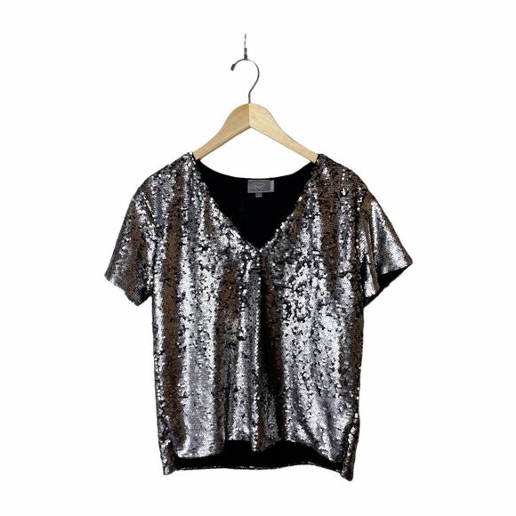 ANTHROPOLOGIE Sequin Top Short Sleeve V-Neck Vanessa Virginia Silver Small EUC - Picture 6 of 11